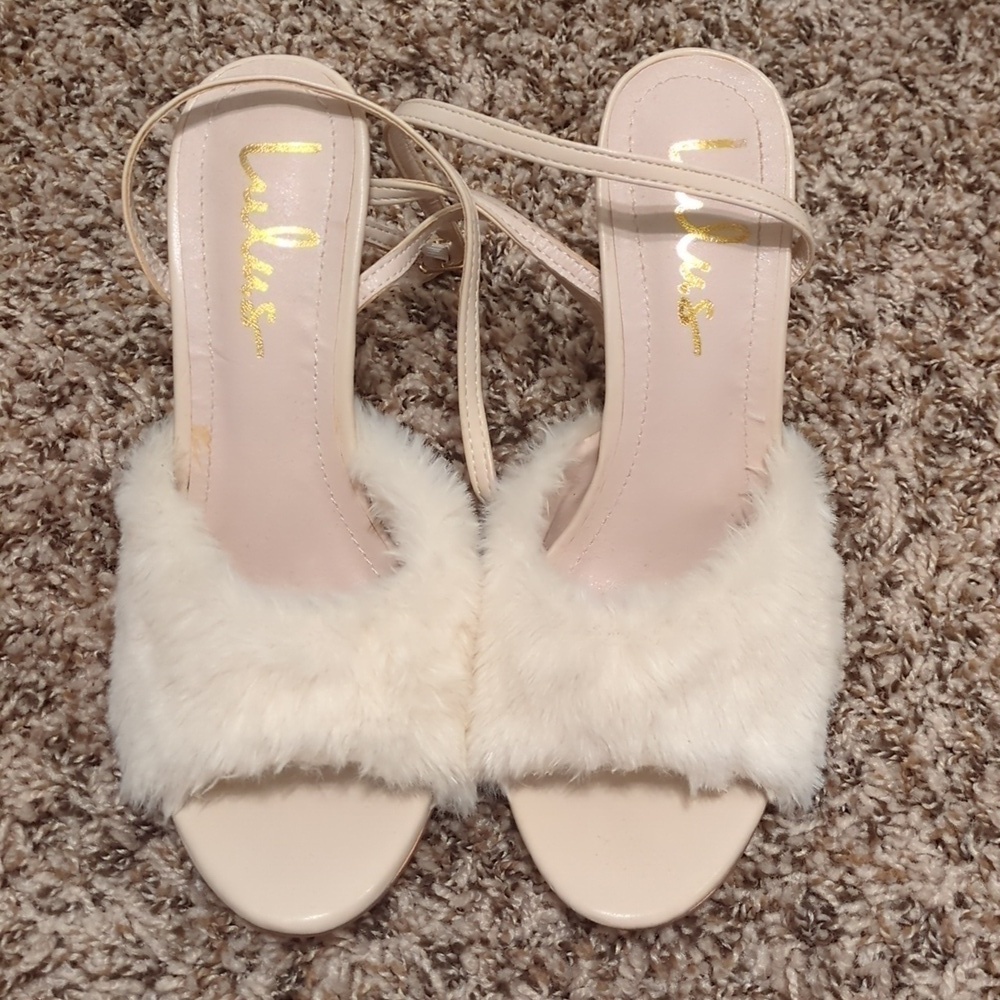 Lulu's Reluca ivory faux fur ankle strap high heel sandals - Picture 7 of 12